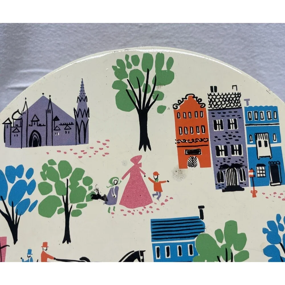 Vintage 1959 BARTON’S Bonbonniere Mid Century Modern Round Candy Tin Colorful EC